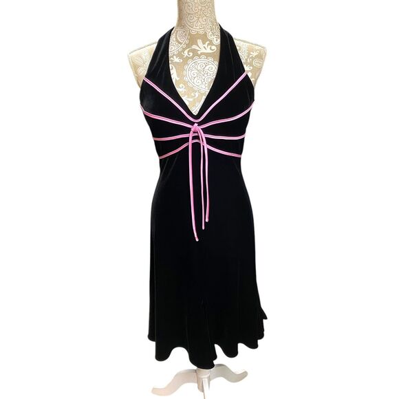 Vtg y2k Blondie Nites sz 11 Small soft flowy velour black pink midi halter dress - Picture 4 of 12